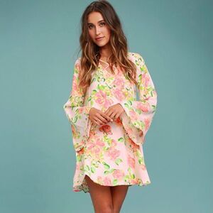 Lulus Blush Floral Long Bell Sleeve Open Back Swing  Dress XS NWT